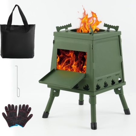 Army Green Camping Wood Stove with Adjustable Stand – Portable Outdoor Wood Stove with Full Accessory Kit