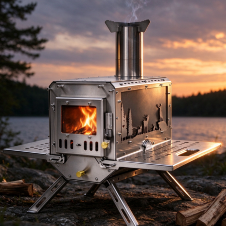 Premium Outdoor Wood-Burning Stove with Chimney | Decorative Cut-Out Panels | Dual Side Tables | Camping Stove for Cooking & Heating