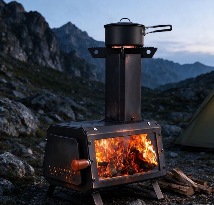 Black Camping Wood Stove with Large Viewing Window & Chimney | Portable Folding Stove | Outdoor Heating & Gathering Stove - Image 2