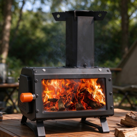 Black Camping Wood Stove with Large Viewing Window & Chimney | Portable Folding Stove | Outdoor Heating & Gathering Stove