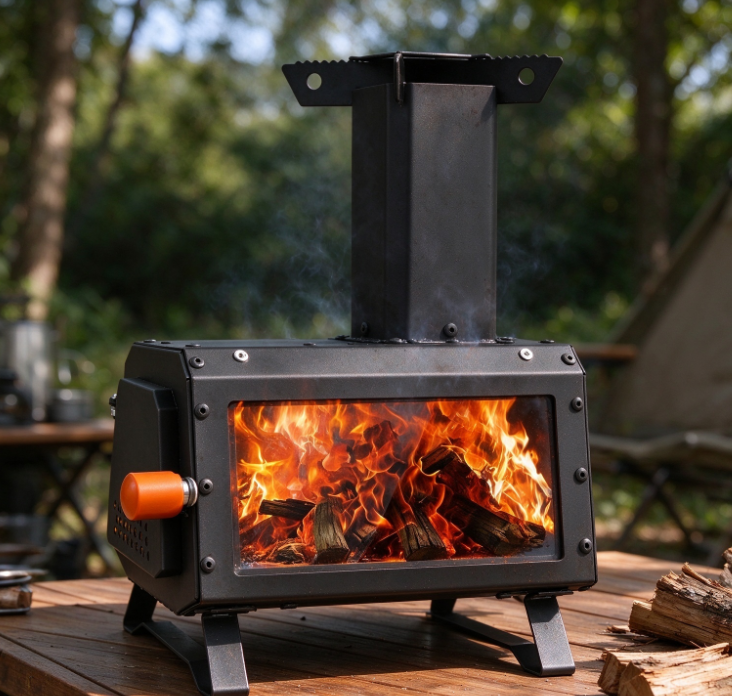 Black Camping Wood Stove with Large Viewing Window & Chimney | Portable Folding Stove | Outdoor Heating & Gathering Stove