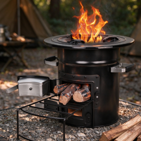 Cylindrical Outdoor Wood-Burning Stove | Side Fuel-Loading Door | Top Pot Stand | Camping Stove for Cooking & Heating