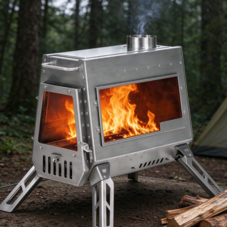 Stainless Steel Outdoor Wood-Burning Stove with Dual Viewing Windows | Foldable Side Racks | Camping Stove for Cooking & Heating