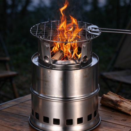 Double-Walled Stainless Steel Cylindrical Wood-Burning Stove | Top Grilling Grate | Lightweight & Portable Camping Stove