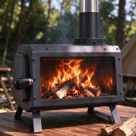Heavy-Duty Black Outdoor Chimney Stove | Large Viewing Window | Stable Stand | Camping Heater & Grill