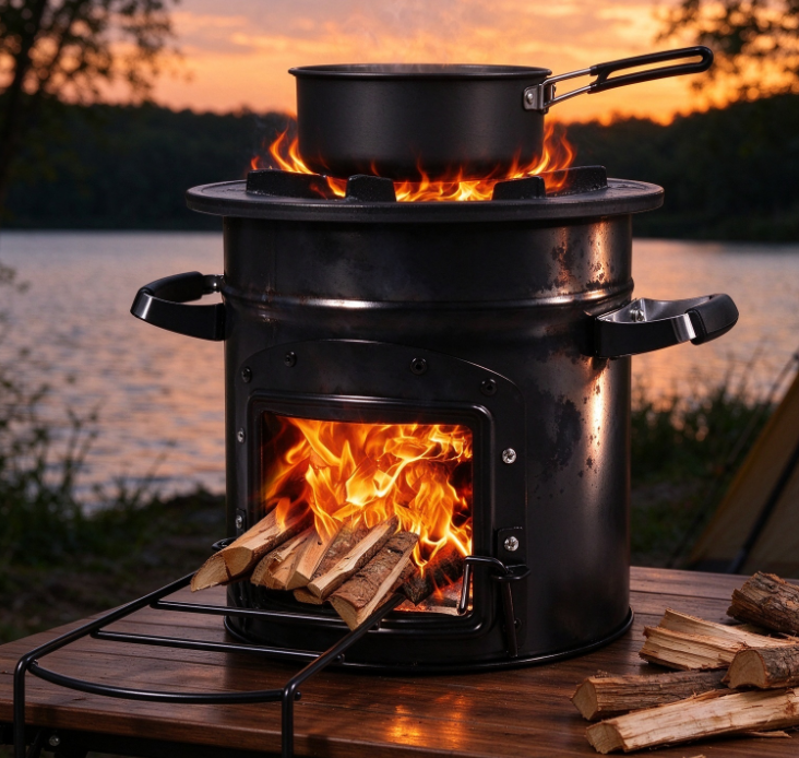 Large-Capacity Black Cylindrical Outdoor Wood-Burning Stove | Side Grill | Viewing Window | Camping Stove for Cooking & Heating - Image 2