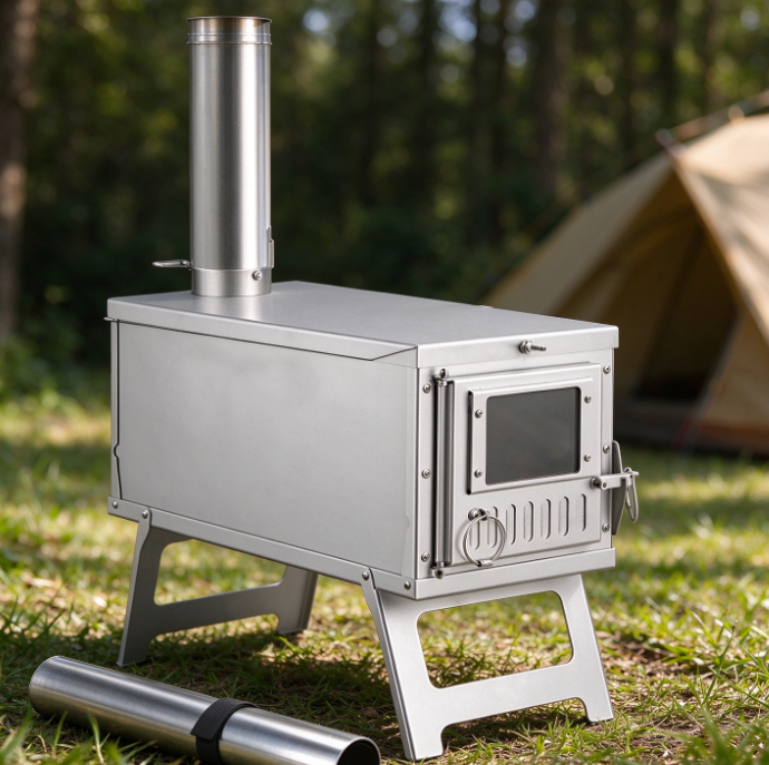 Portable Rectangular Stainless Steel Wood-Burning Stove | Modular Chimney | Foldable Stand | Camping Stove for Heating and Boiling Water - Image 2