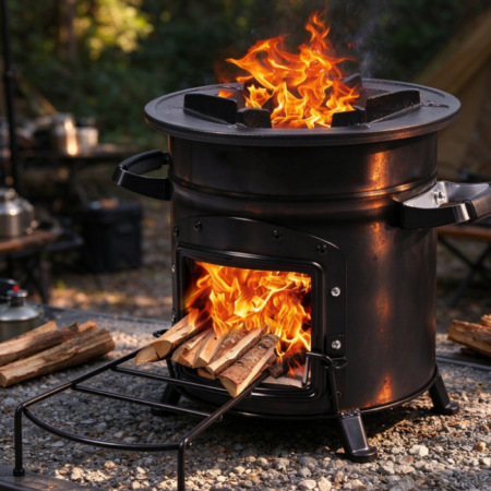 Large-Capacity Black Cylindrical Outdoor Wood-Burning Stove | Side Grill | Viewing Window | Camping Stove for Cooking & Heating