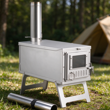 Portable Rectangular Stainless Steel Wood-Burning Stove | Modular Chimney | Foldable Stand | Camping Stove for Heating and Boiling Water