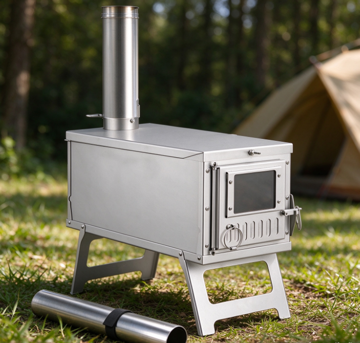 Portable Rectangular Stainless Steel Wood-Burning Stove | Modular Chimney | Foldable Stand | Camping Stove for Heating and Boiling Water