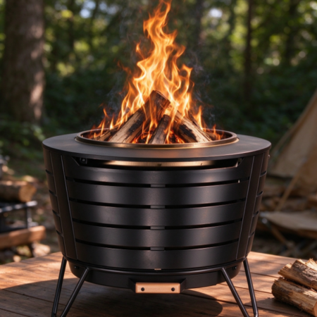 Circular Cutout Fire Pit | Outdoor Wood-Burning Fire Bowl | Portable Stand | Patio & Camping Heater