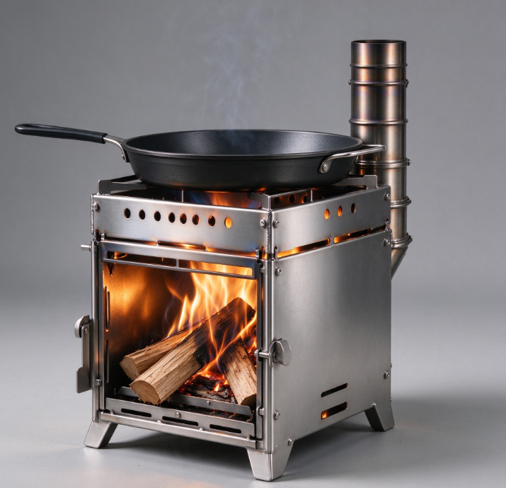 Top-Cooking Outdoor Wood-Burning Stove | Stainless Steel Body | Side Chimney | Camping & BBQ Stove