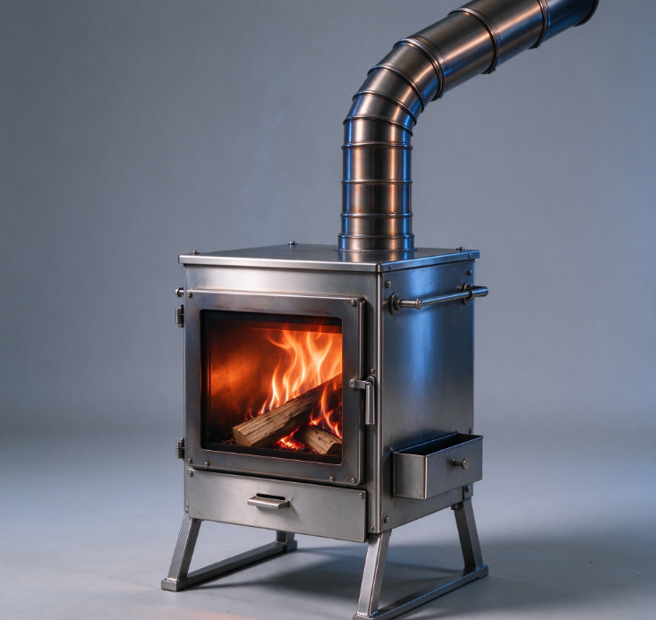 Stainless Steel Vertical Wood Stove with Angled Chimney | Side Work Table | Folding Stand | Outdoor Heater