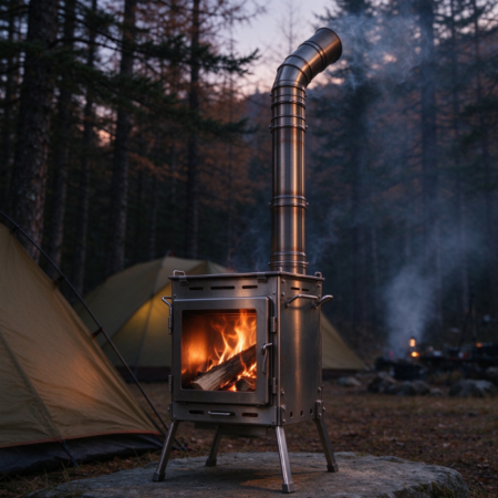 Square Stainless Steel Wood-Burning Stove with Modular Chimney | Foldable Legs | Ash Tray | Camping Heater