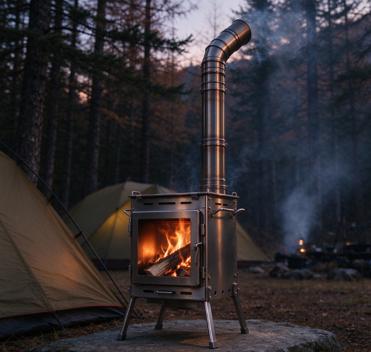 Square Stainless Steel Wood-Burning Stove with Modular Chimney | Foldable Legs | Ash Tray | Camping Heater