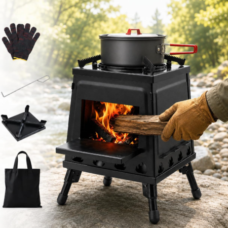Black Square Outdoor Wood-Burning Stove – Detachable Stand, Ideal for Camping, Heating, and Cooking