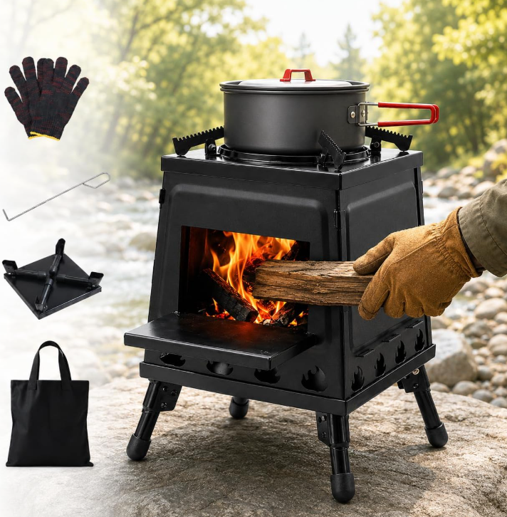 Black Square Outdoor Wood-Burning Stove – Detachable Stand, Ideal for Camping, Heating, and Cooking