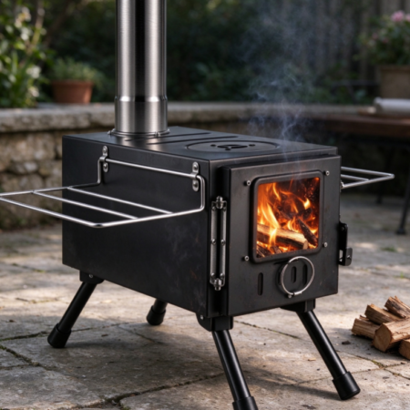 Portable Black Outdoor Wood-Burning Stove | Extended Chimney | Foldable Side Racks | Camping Stove for Cooking & Heating