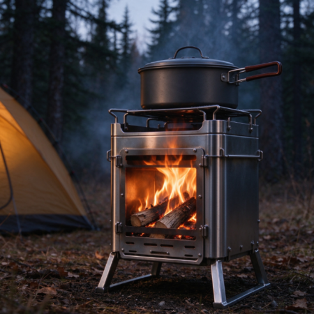 Heavy-Duty Square Stainless Steel Wood-Burning Stove | Large Viewing Window | Top Pot Stand | Outdoor Cooking & Heating Stove