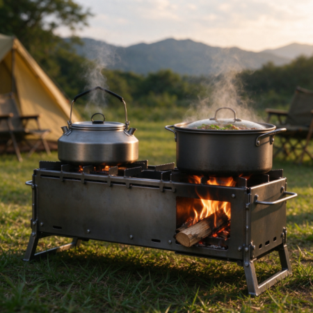 Rectangular Dual-Burner Camping Wood Stove | Foldable Design | Dual-Pot Top Surface | Outdoor Cooking & Heating Stove