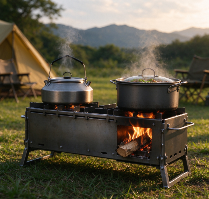 Rectangular Dual-Burner Camping Wood Stove | Foldable Design | Dual-Pot Top Surface | Outdoor Cooking & Heating Stove