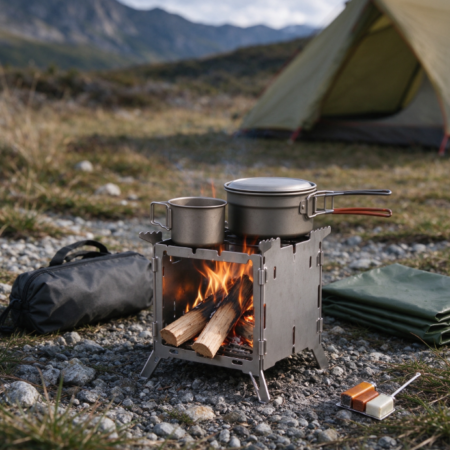 Square Lightweight Camping Wood Stove | Dual-Pot Top Design | Foldable Stand | Outdoor Cooking & Heating Stove