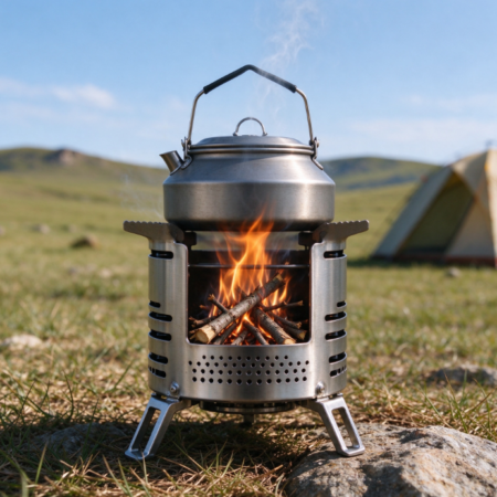 Cylindrical Folding Camping Wood Stove | Top Pot Stand | Three-Legged Base | Lightweight Outdoor Stove
