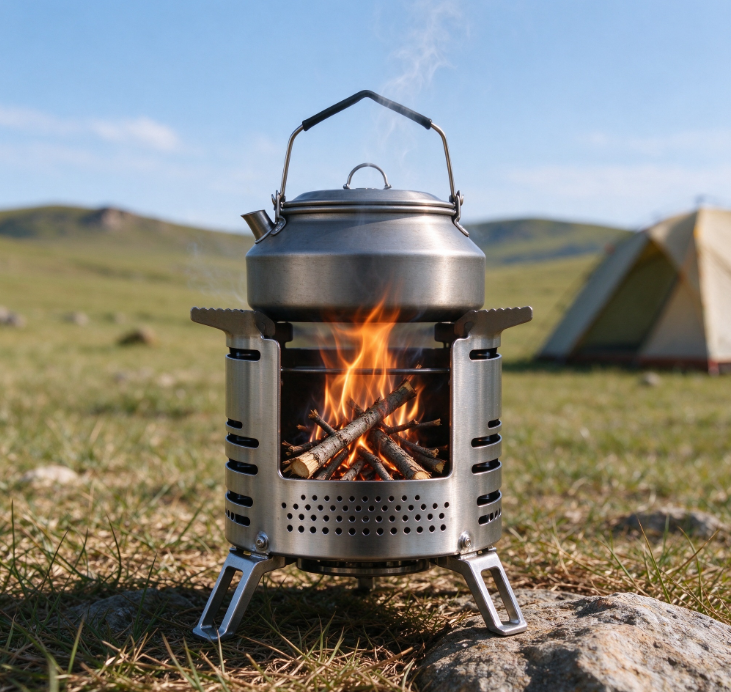 Cylindrical Folding Camping Wood Stove | Top Pot Stand | Three-Legged Base | Lightweight Outdoor Stove