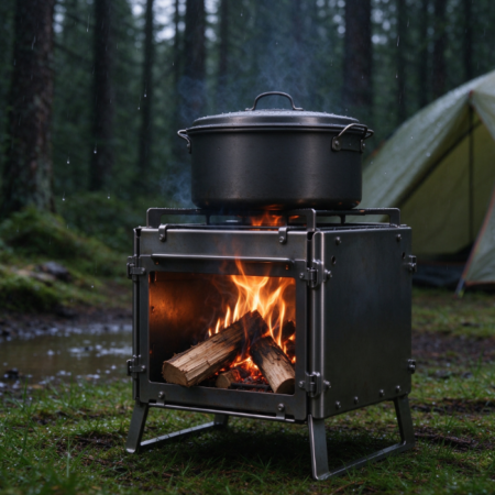 Square Outdoor Wood-Burning Stove | Top Cooktop | Foldable Stand | Camping Stove for Cooking & Heating
