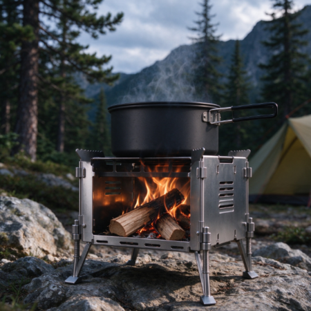 Square Camping Wood Stove with Adjustable Legs | Top Pot Stand | Foldable Design | Outdoor Cooking & Heating Stove