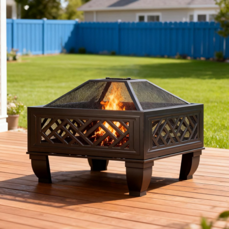 Square Outdoor Fire Pit – Wrought Iron Wood-Burning Patio Heater