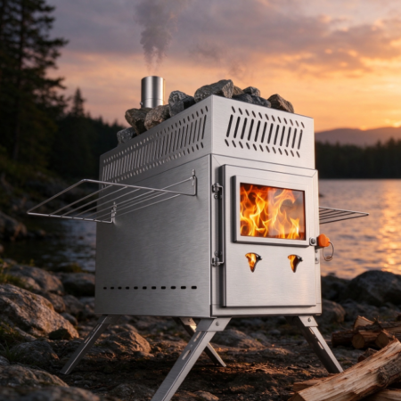 Stainless Steel Outdoor Chimney Stove | Large-Capacity Firebox | Side-Mounted Racks | Lakeside Camping Heater