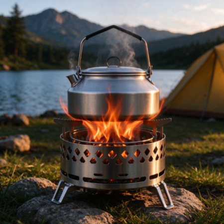 Cylindrical Openwork Camping Wood Stove – Outdoor Wood-Burning Stove with Circular Ventilation for Boiling Water
