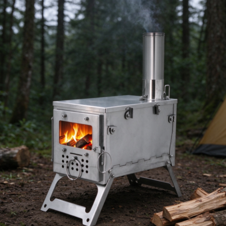 Foldable Stainless Steel Wood-Burning Stove | Tall Chimney | Lightweight Design | Tent Heater