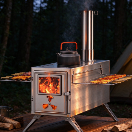 Multifunctional Outdoor Cooking & Heating Stove | Dual-Side Grills | Top-Mounted Water-Heating Platform | Camping Chimney Stove