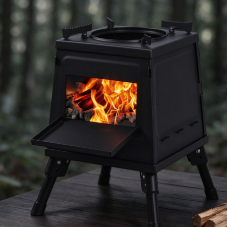 Black Square Wood-Burning Camping Stove – Outdoor Heating & Cooking Stove with Adjustable Legs