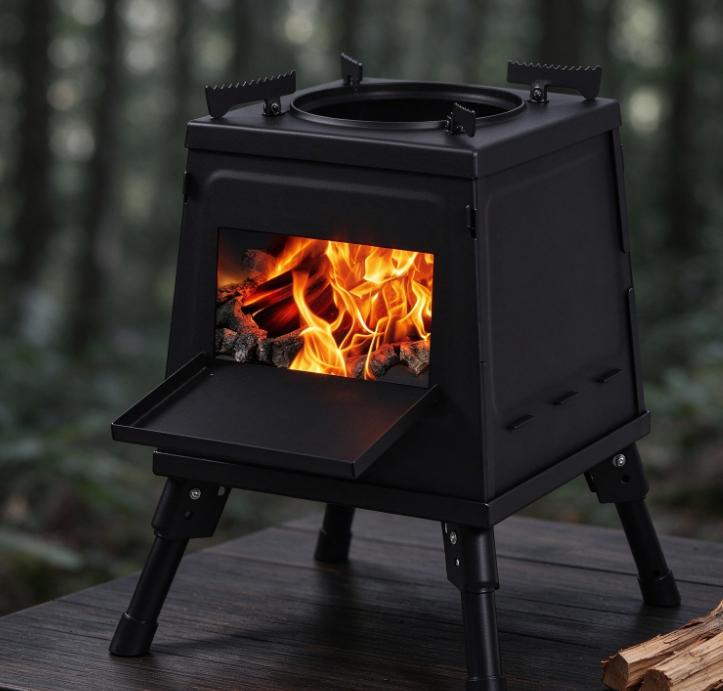 Black Square Wood-Burning Camping Stove – Outdoor Heating & Cooking Stove with Adjustable Legs