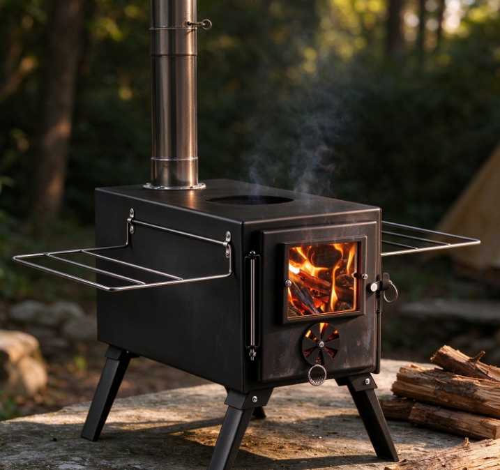 Black Portable Outdoor Chimney Stove | Detachable Racks | Wood-Burning Stove with Viewing Window | Camping Fireplace - Image 2