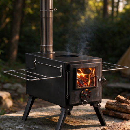 Black Portable Outdoor Chimney Stove | Detachable Racks | Wood-Burning Stove with Viewing Window | Camping Fireplace