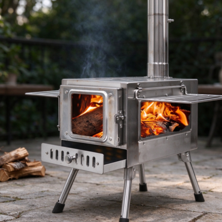 Stainless Steel Wood Stove with Dual Viewing Windows | Folding Stand | Dual Side Tables | Camping Chimney Stove