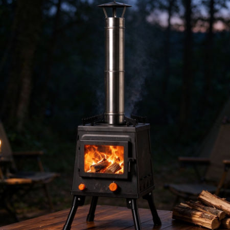 Night Camping Wood Stove with Chimney | Rain-proof Chimney Cap | Wide-Stance Legs | Outdoor Heater