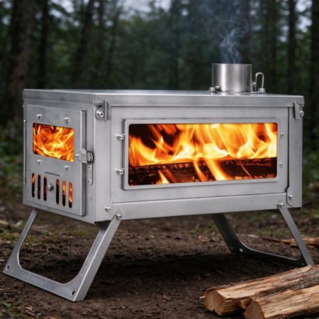 Large-Capacity Horizontal Stainless Steel Wood Stove | Extended Viewing Window | Folding Stand | Camping Chimney Stove